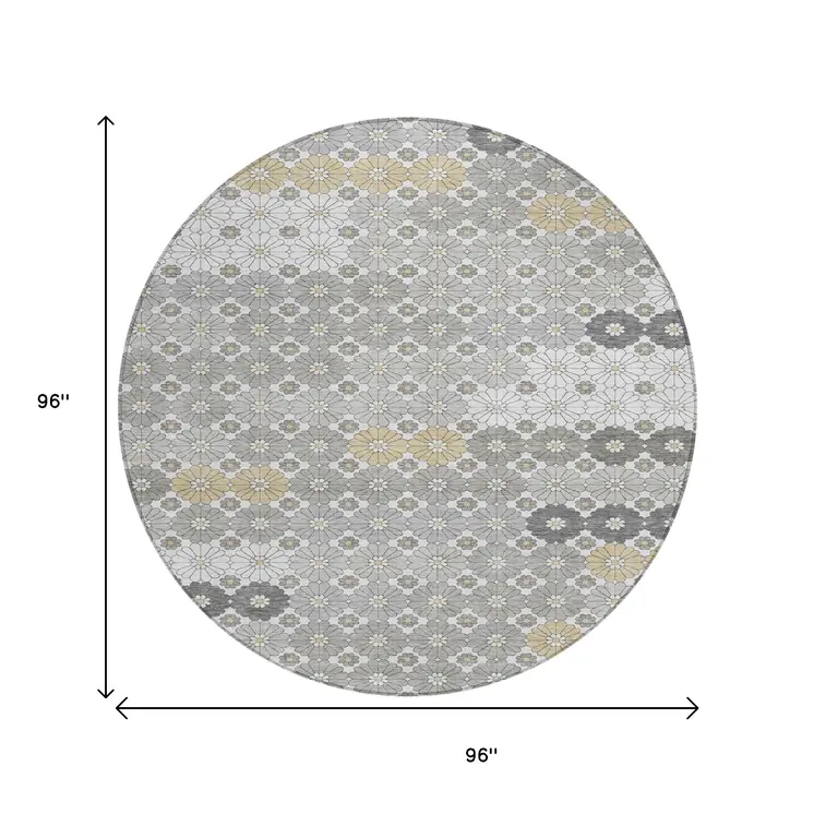8' Gray Beige And Ivory Round Floral Washable Indoor Outdoor Area Rug