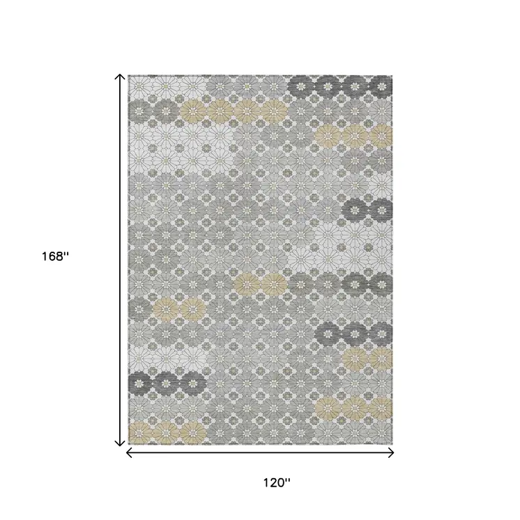10' X 14' Gray Beige And Ivory Floral Washable Indoor Outdoor Area Rug