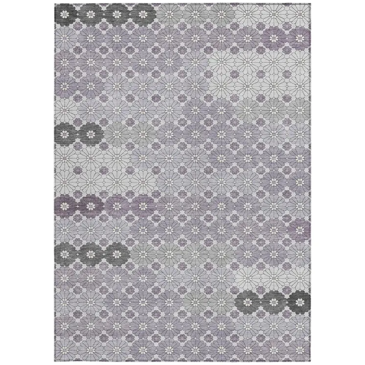 5' X 8' Lavender Gray And Ivory Floral Washable Indoor Outdoor Area Rug