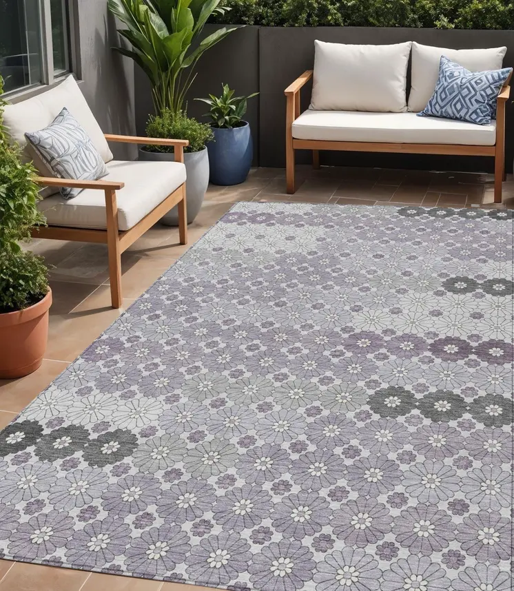 5' X 8' Lavender Gray And Ivory Floral Washable Indoor Outdoor Area Rug