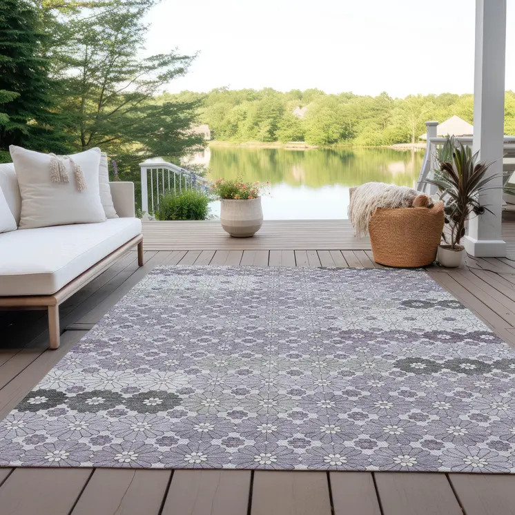 5' X 8' Lavender Gray And Ivory Floral Washable Indoor Outdoor Area Rug