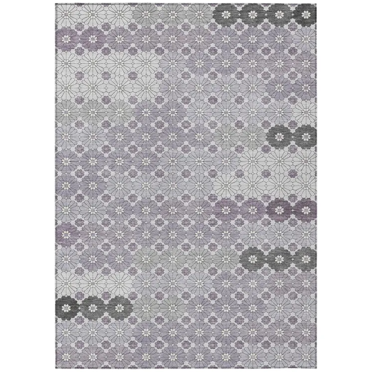 5' X 8' Lavender Gray And Ivory Floral Washable Indoor Outdoor Area Rug