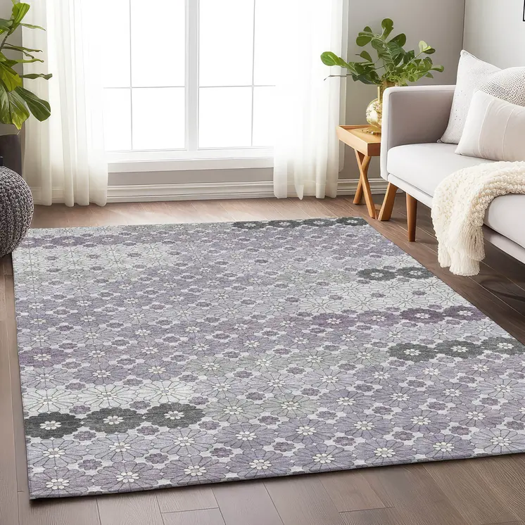 5' X 8' Lavender Gray And Ivory Floral Washable Indoor Outdoor Area Rug