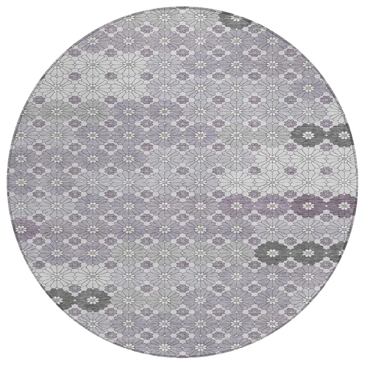 8' Lavender Gray And Ivory Round Floral Washable Indoor Outdoor Area Rug