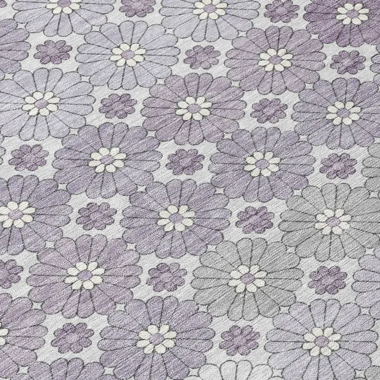 8' Lavender Gray And Ivory Round Floral Washable Indoor Outdoor Area Rug