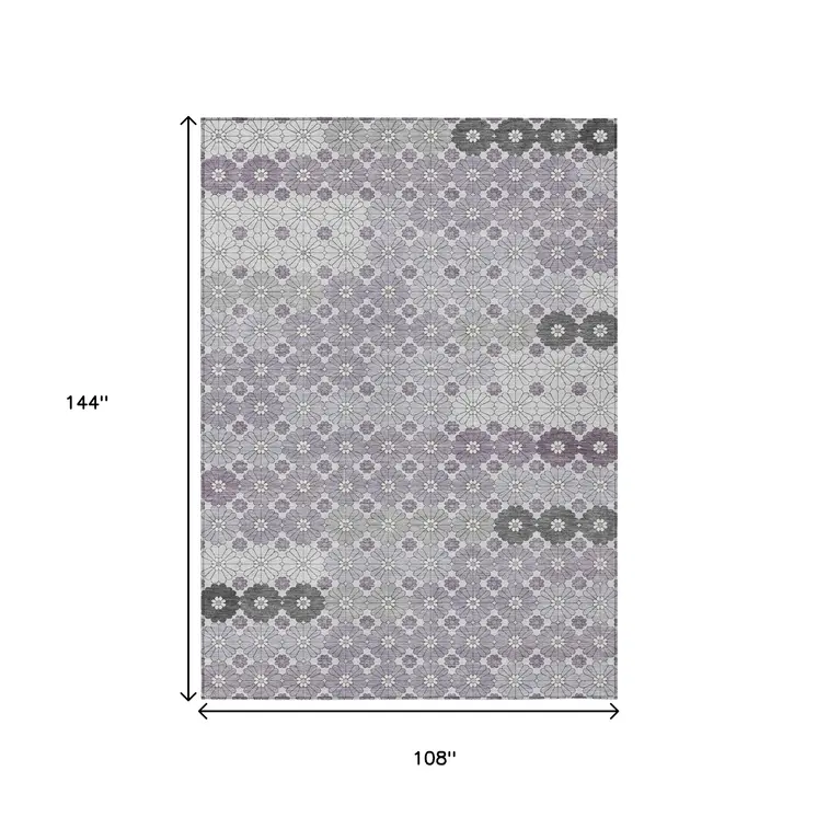 9' X 12' Lavender Gray And Ivory Floral Washable Indoor Outdoor Area Rug