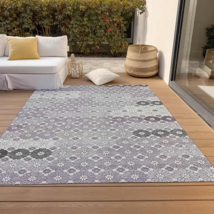 10' X 14' Lavender Gray And Ivory Floral Washable Indoor Outdoor Area Rug