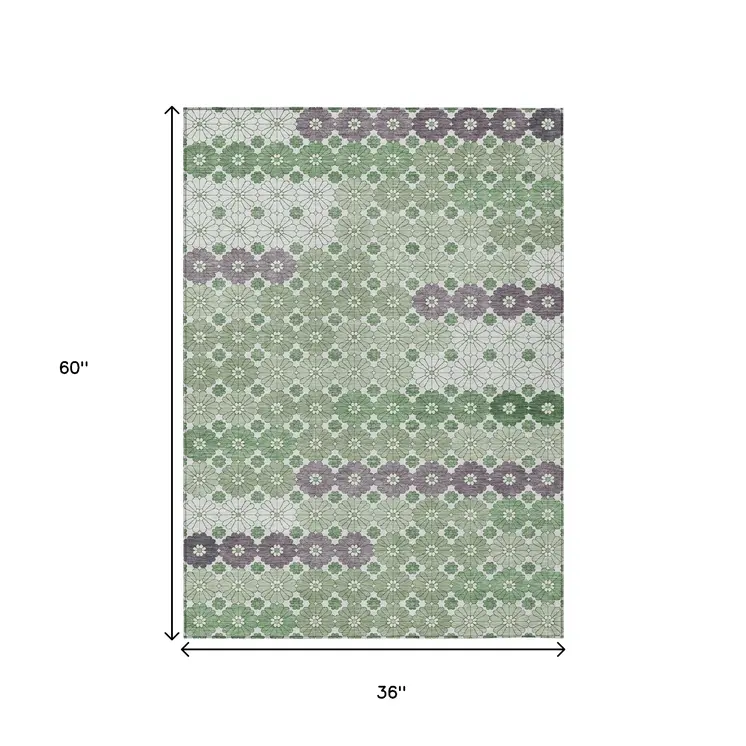 3' X 5' Sage Purple And Ivory Floral Washable Indoor Outdoor Area Rug