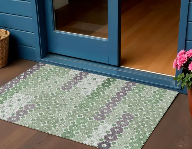 3' X 5' Sage Purple And Ivory Floral Washable Indoor Outdoor Area Rug