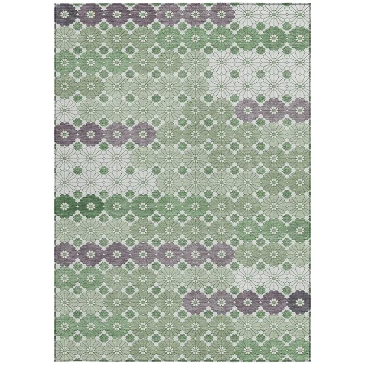 3' X 5' Sage Purple And Ivory Floral Washable Indoor Outdoor Area Rug