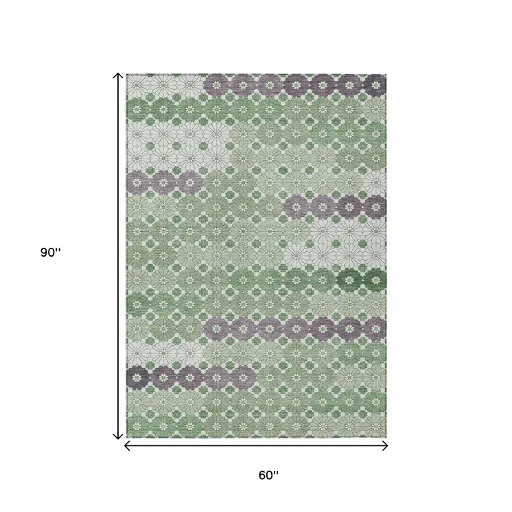 5' X 8' Sage Purple And Ivory Floral Washable Indoor Outdoor Area Rug