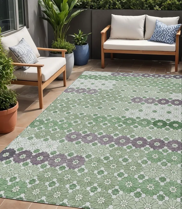 5' X 8' Sage Purple And Ivory Floral Washable Indoor Outdoor Area Rug