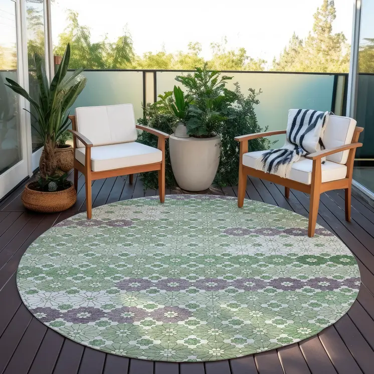 8' Sage Purple And Ivory Round Floral Washable Indoor Outdoor Area Rug