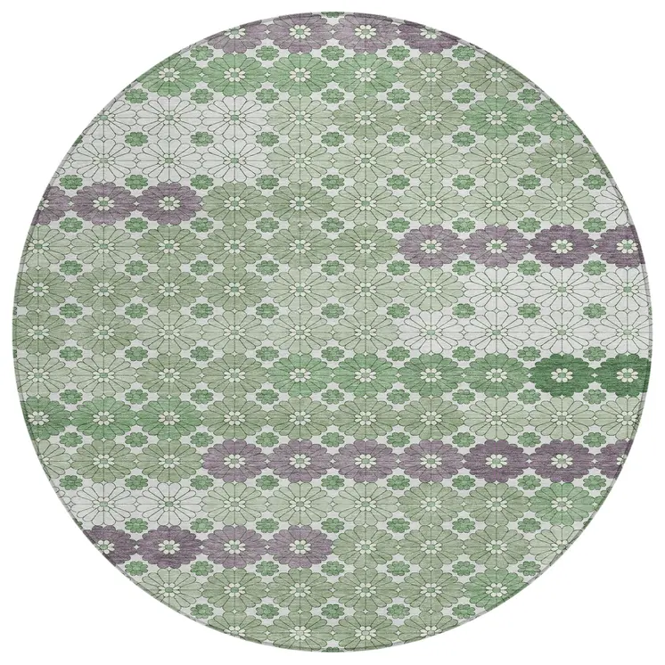 8' Sage Purple And Ivory Round Floral Washable Indoor Outdoor Area Rug