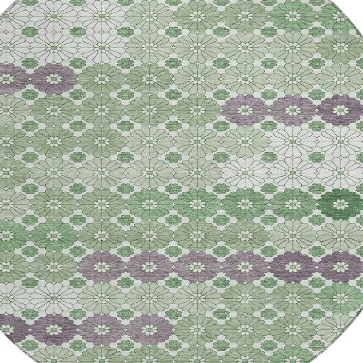 8' Sage Purple And Ivory Round Floral Washable Indoor Outdoor Area Rug