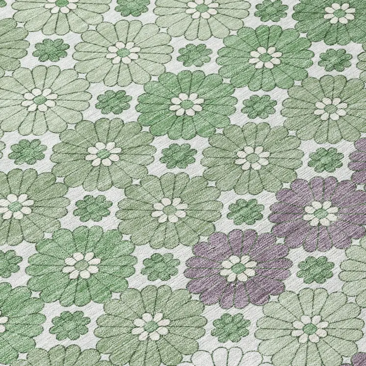 8' Sage Purple And Ivory Round Floral Washable Indoor Outdoor Area Rug