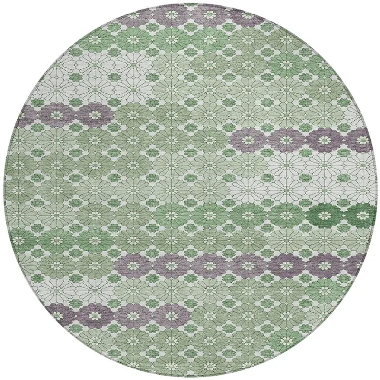 8' Sage Purple And Ivory Round Floral Washable Indoor Outdoor Area Rug