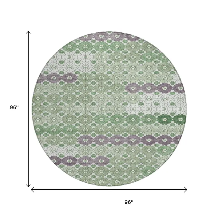 8' Sage Purple And Ivory Round Floral Washable Indoor Outdoor Area Rug