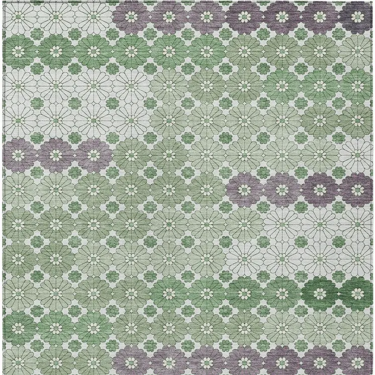 9' X 12' Sage Purple And Ivory Floral Washable Indoor Outdoor Area Rug
