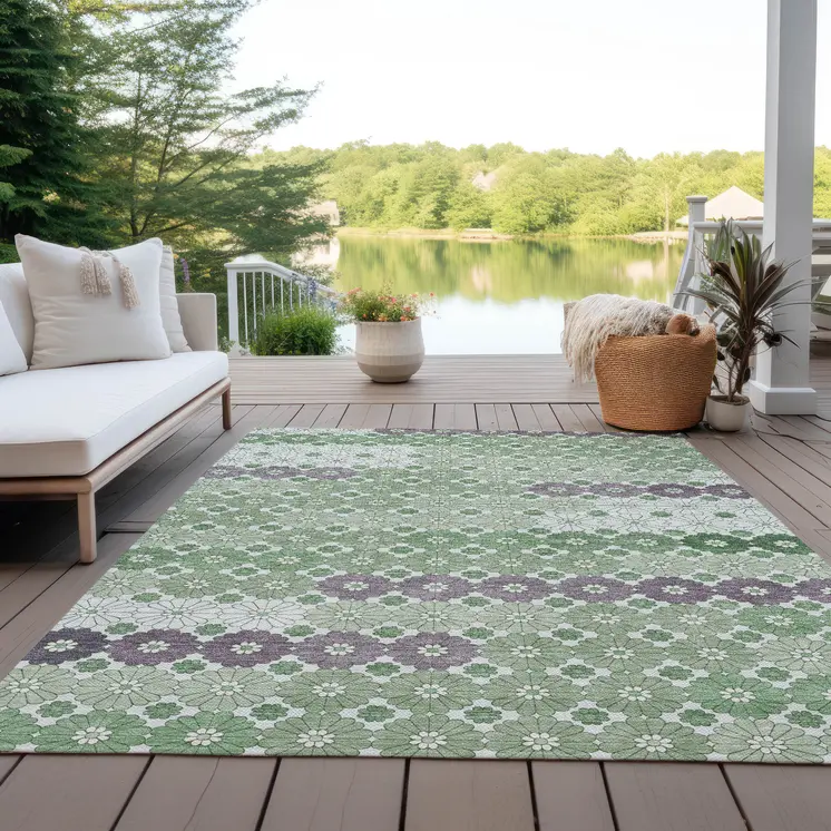 9' X 12' Sage Purple And Ivory Floral Washable Indoor Outdoor Area Rug
