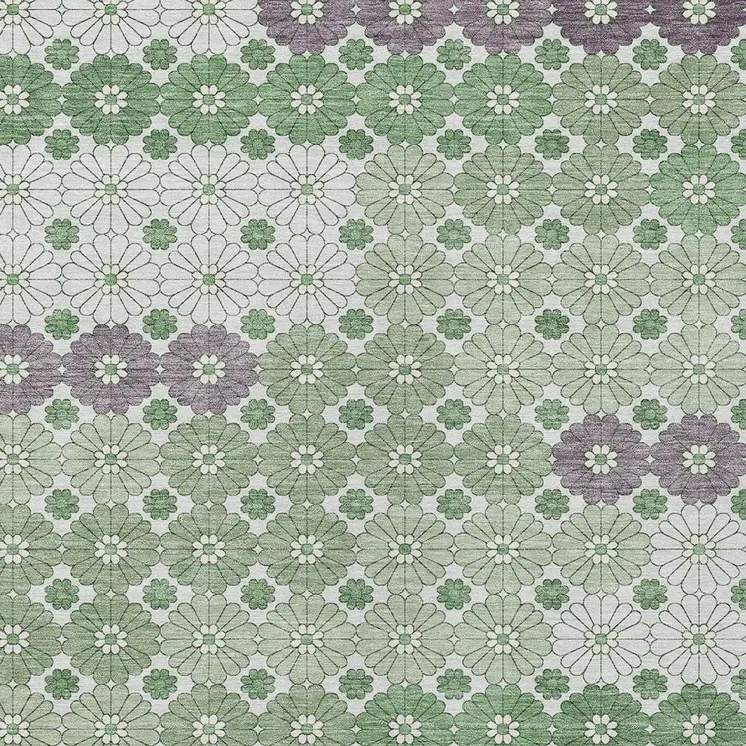 9' X 12' Sage Purple And Ivory Floral Washable Indoor Outdoor Area Rug