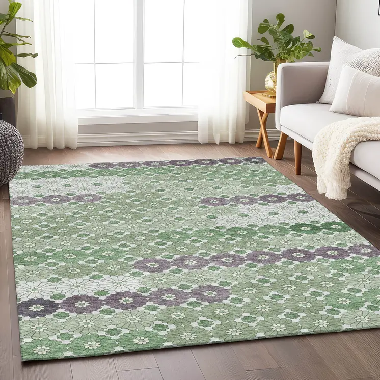 9' X 12' Sage Purple And Ivory Floral Washable Indoor Outdoor Area Rug