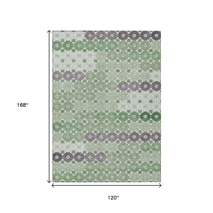 10' X 14' Sage Purple And Ivory Floral Washable Indoor Outdoor Area Rug