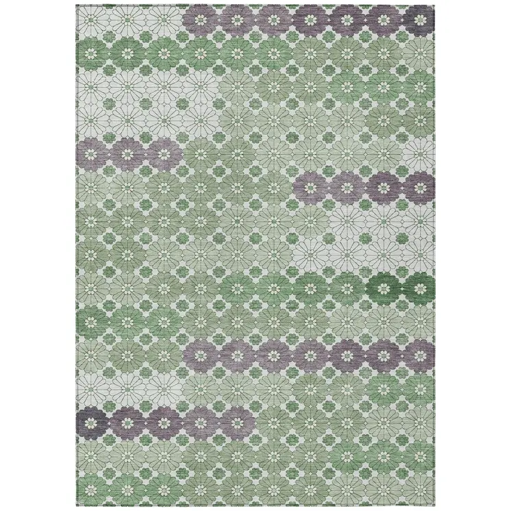 10' X 14' Sage Purple And Ivory Floral Washable Indoor Outdoor Area Rug