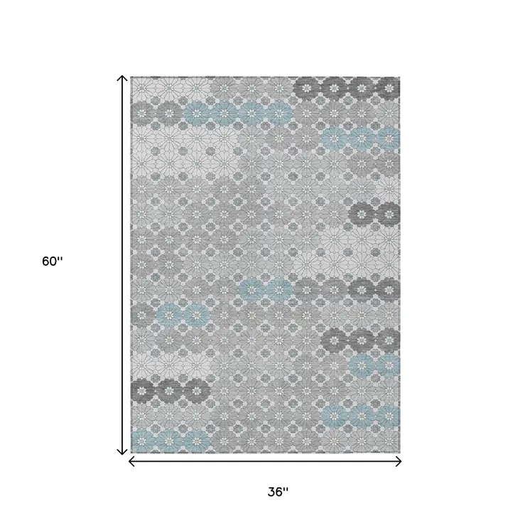 3' X 5' Silver Blue And Ivory Floral Washable Indoor Outdoor Area Rug