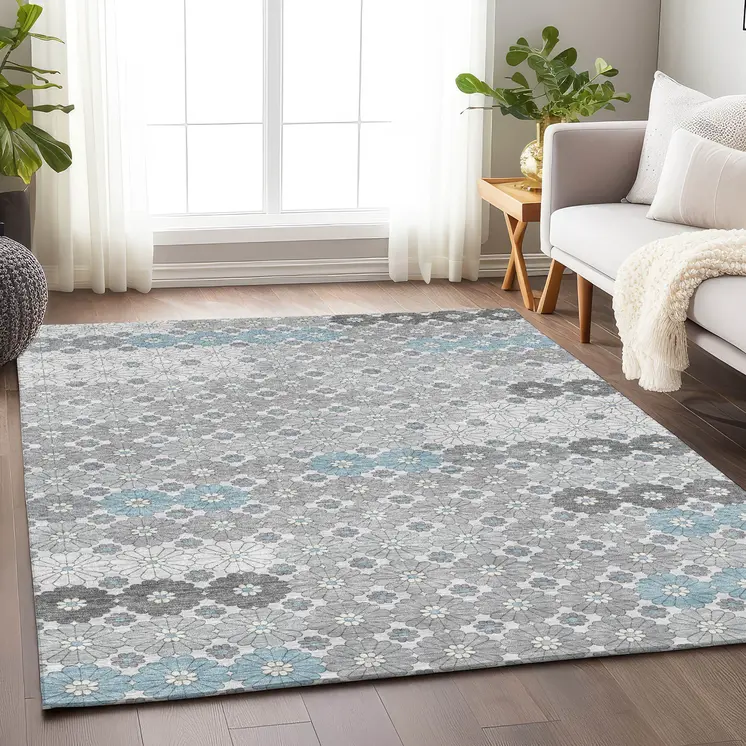 5' X 8' Silver Blue And Ivory Floral Washable Indoor Outdoor Area Rug