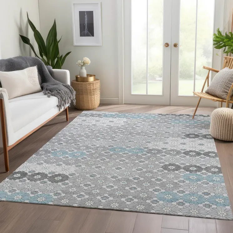 5' X 8' Silver Blue And Ivory Floral Washable Indoor Outdoor Area Rug