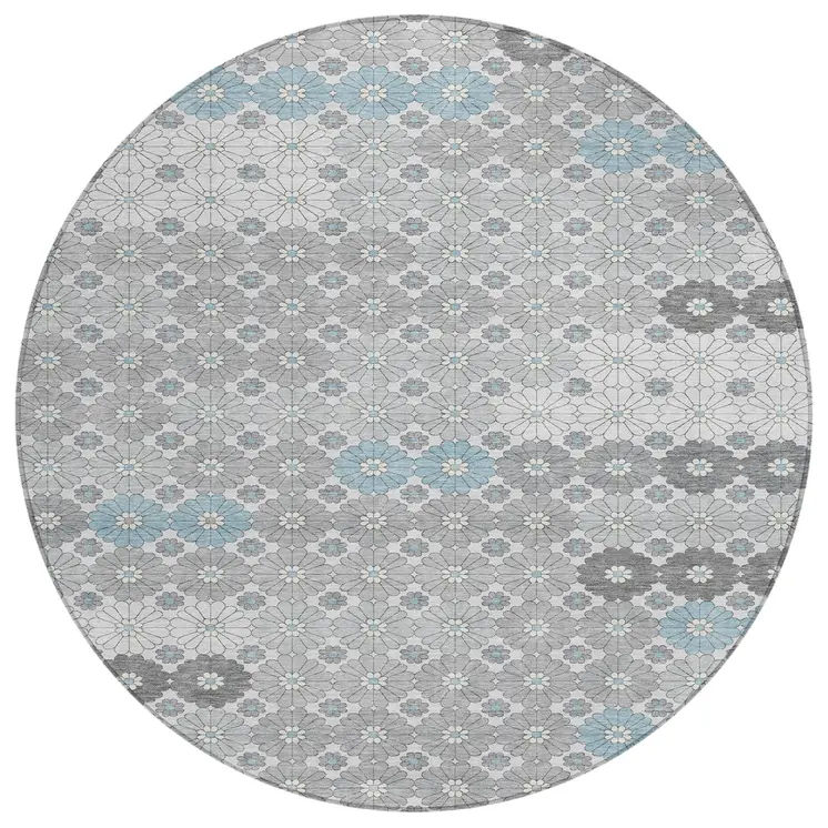8' Silver Blue And Ivory Round Floral Washable Indoor Outdoor Area Rug