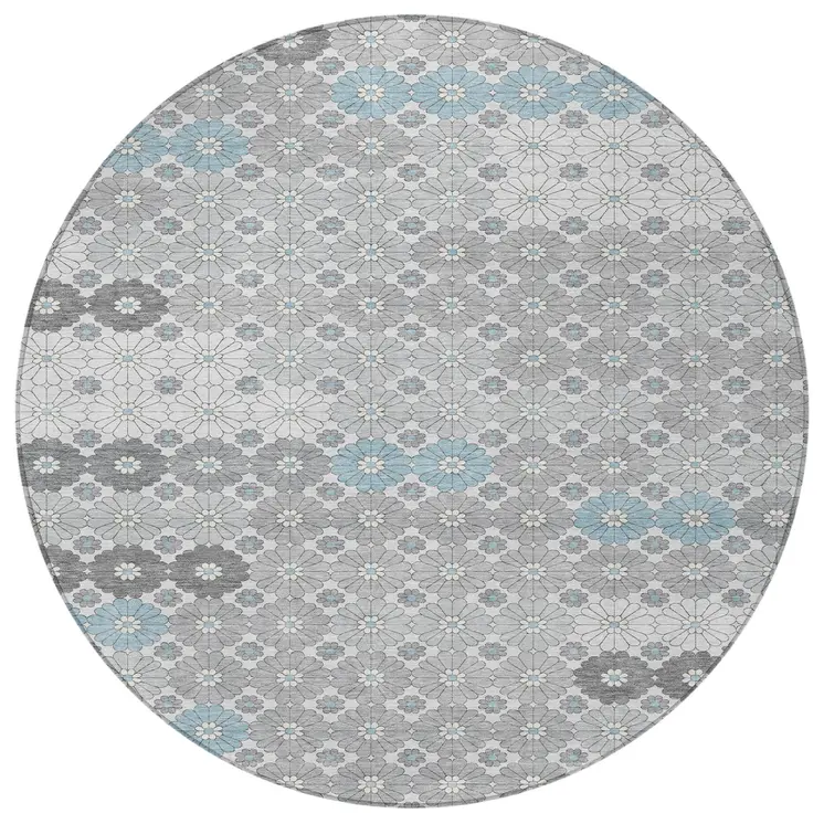 8' Silver Blue And Ivory Round Floral Washable Indoor Outdoor Area Rug