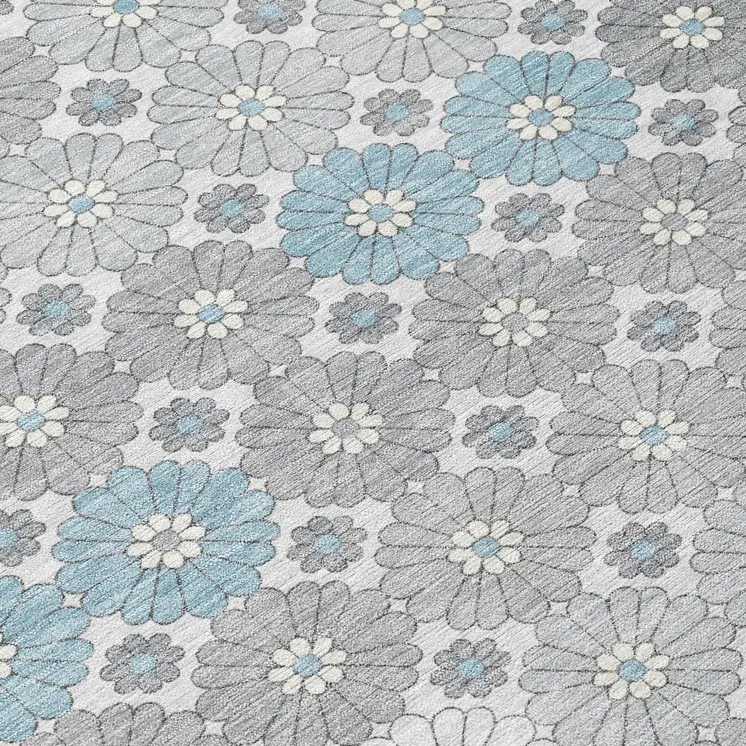 8' Silver Blue And Ivory Round Floral Washable Indoor Outdoor Area Rug