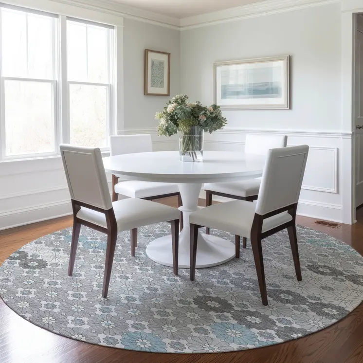 8' Silver Blue And Ivory Round Floral Washable Indoor Outdoor Area Rug