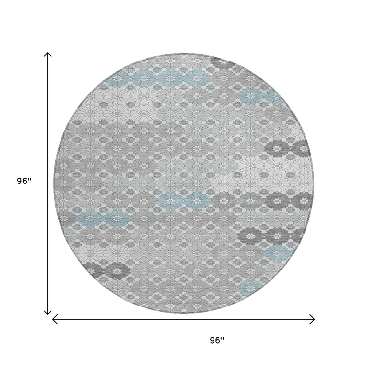 8' Silver Blue And Ivory Round Floral Washable Indoor Outdoor Area Rug