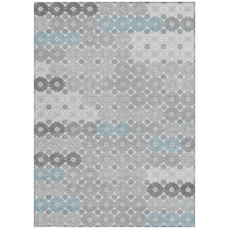 8' X 10' Silver Blue And Ivory Floral Washable Indoor Outdoor Area Rug