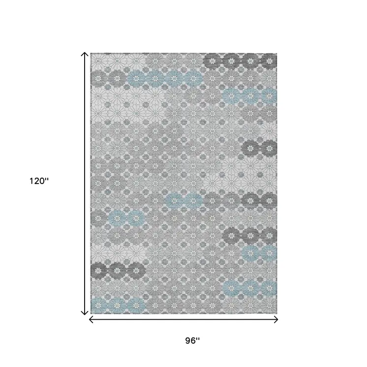 8' X 10' Silver Blue And Ivory Floral Washable Indoor Outdoor Area Rug