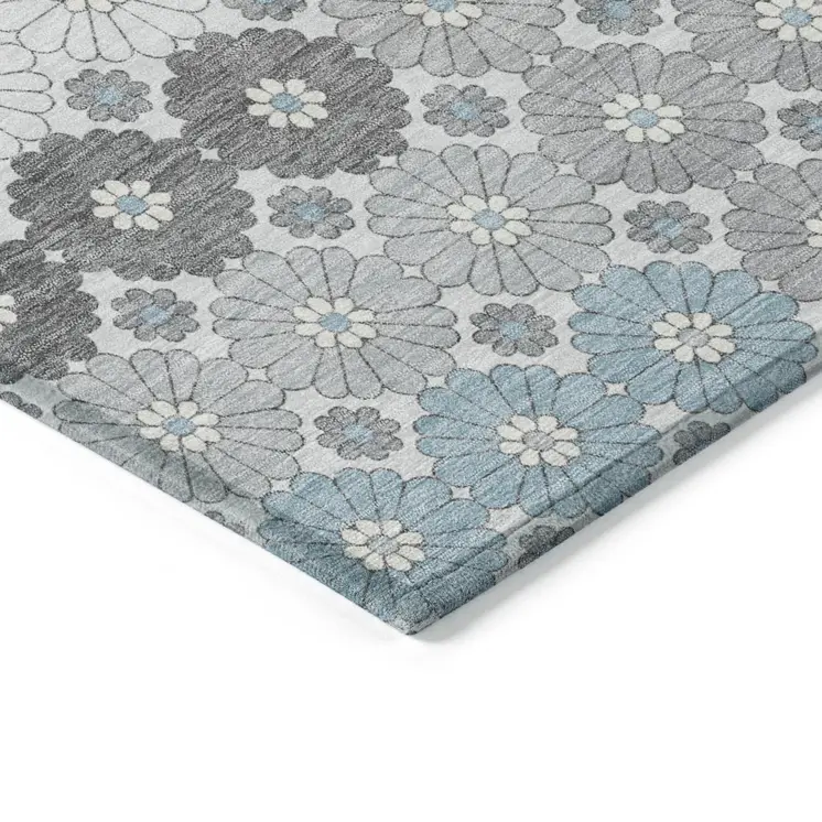 8' X 10' Silver Blue And Ivory Floral Washable Indoor Outdoor Area Rug