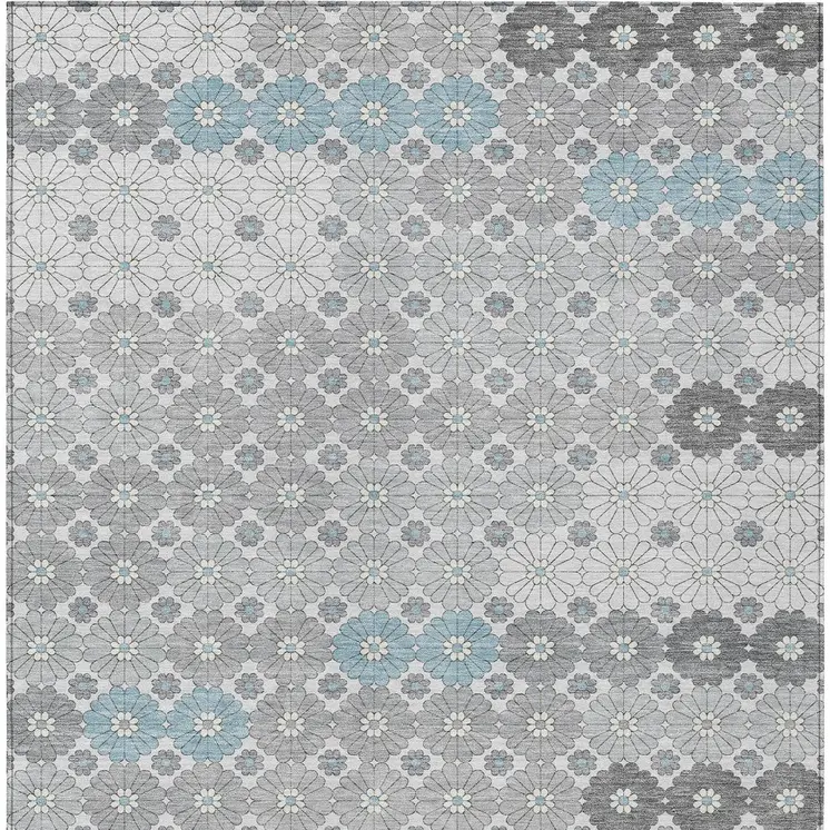 9' X 12' Silver Blue And Ivory Floral Washable Indoor Outdoor Area Rug