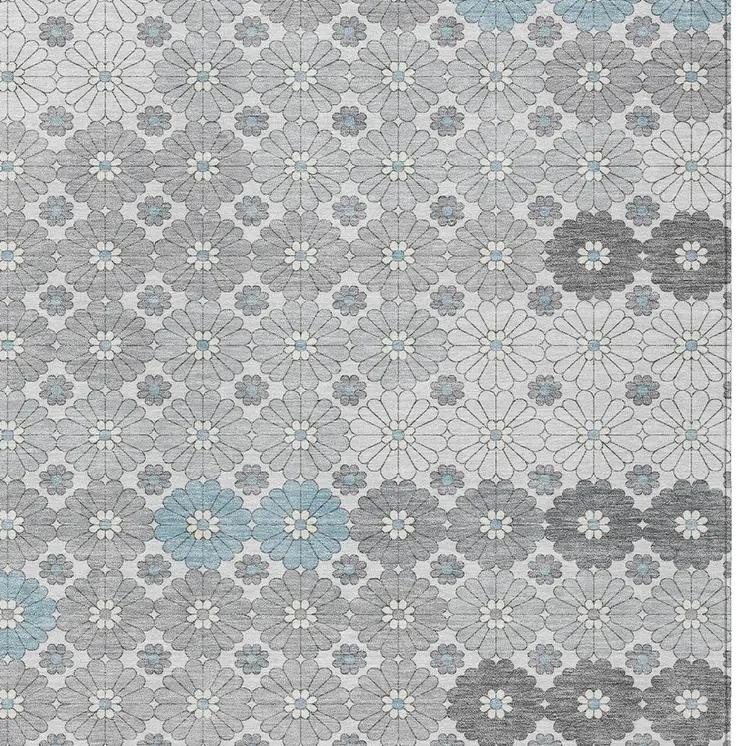 9' X 12' Silver Blue And Ivory Floral Washable Indoor Outdoor Area Rug