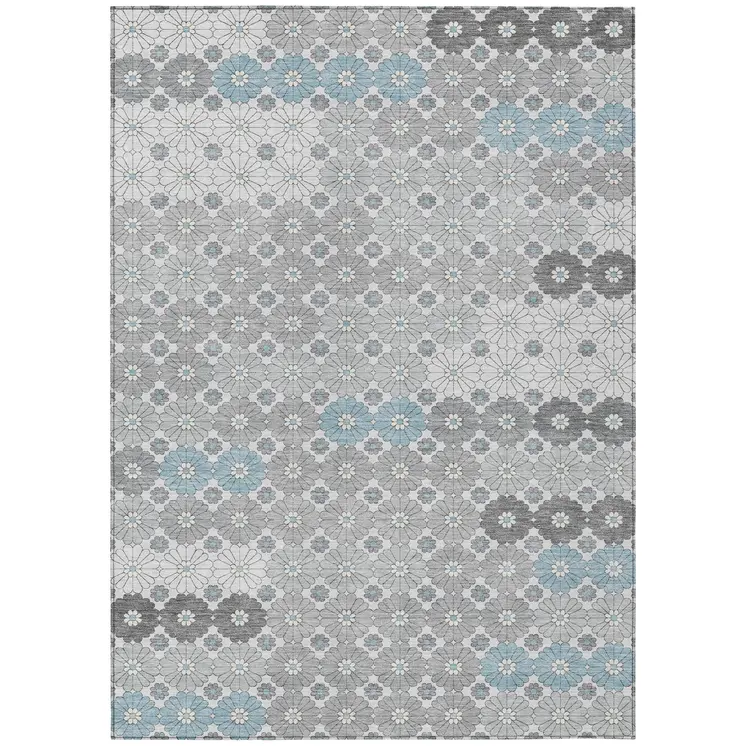 10' X 14' Silver Blue And Ivory Floral Washable Indoor Outdoor Area Rug