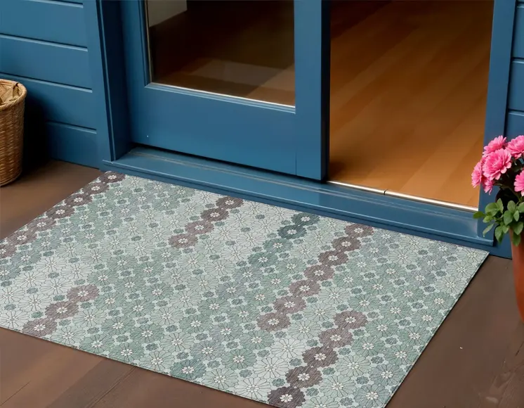 3' X 5' Teal Blue Gray And Ivory Floral Washable Indoor Outdoor Area Rug