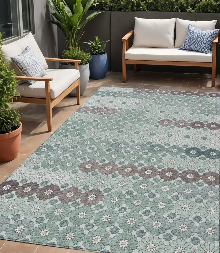5' X 8' Teal Blue Gray And Ivory Floral Washable Indoor Outdoor Area Rug