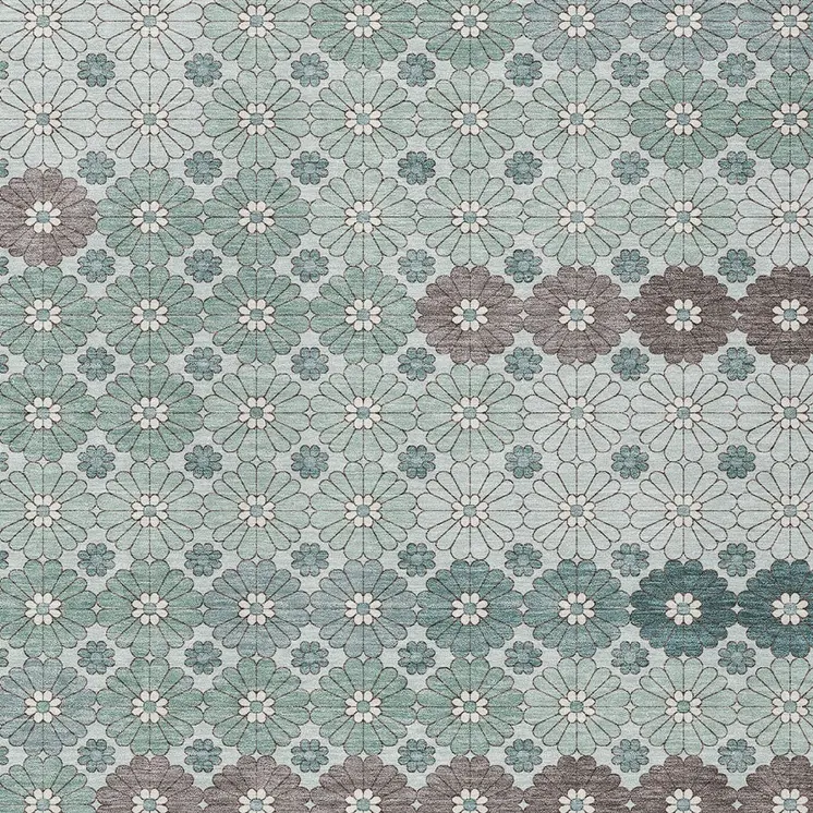 5' X 8' Teal Blue Gray And Ivory Floral Washable Indoor Outdoor Area Rug