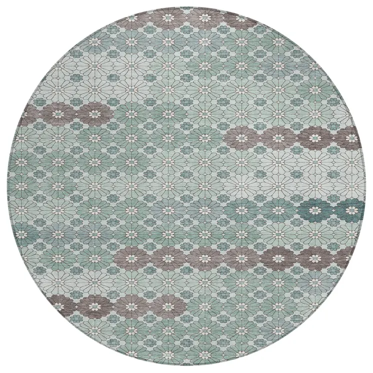 8' Teal Blue Gray And Ivory Round Floral Washable Indoor Outdoor Area Rug