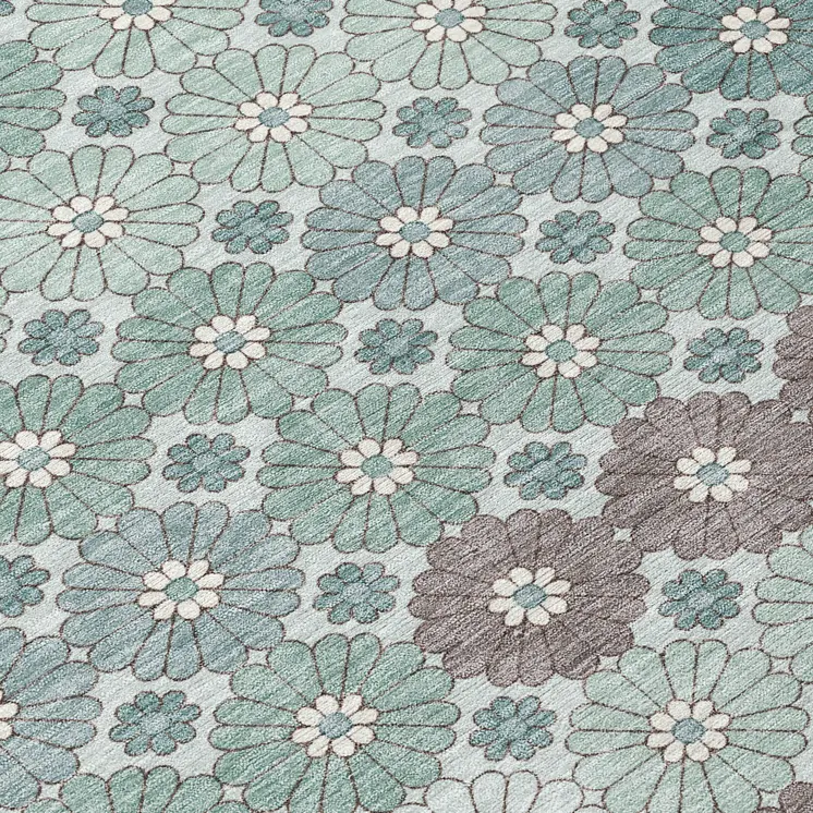 8' Teal Blue Gray And Ivory Round Floral Washable Indoor Outdoor Area Rug