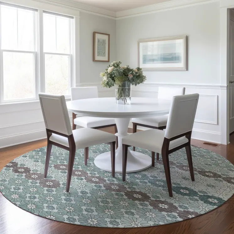 8' Teal Blue Gray And Ivory Round Floral Washable Indoor Outdoor Area Rug