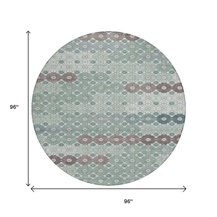 8' Teal Blue Gray And Ivory Round Floral Washable Indoor Outdoor Area Rug