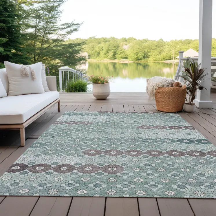 8' X 10' Teal Blue Gray And Ivory Floral Washable Indoor Outdoor Area Rug